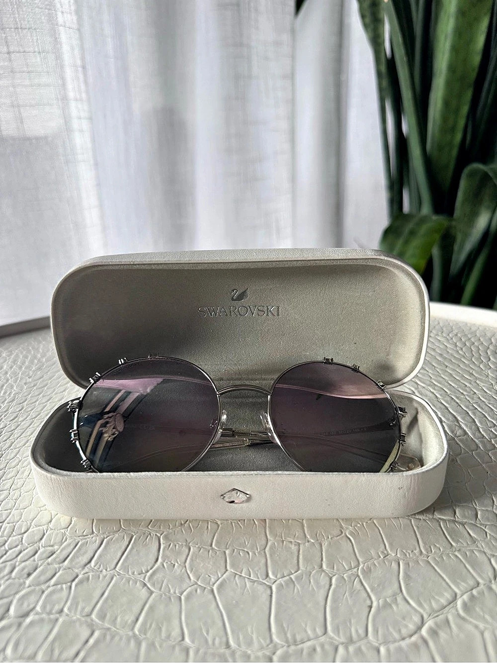 Swarovski Embellished Metal Frame Sunglasses in Gray & Purple